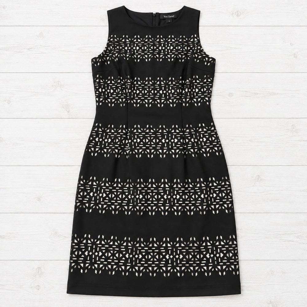 White House Black Market Dress Sleeveless Laser Cut Geometric Sheath Black‎ 6